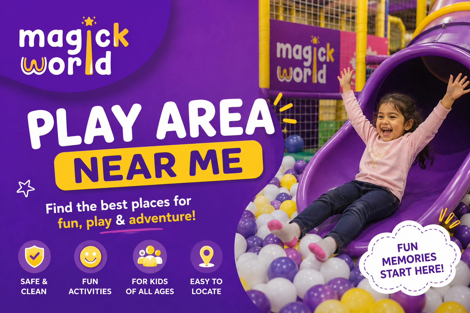 Happy young girl enjoying an indoor play area with a slide and ball pit at MagickWorld. Find safe, fun, and family-friendly play areas near you for kids of all ages