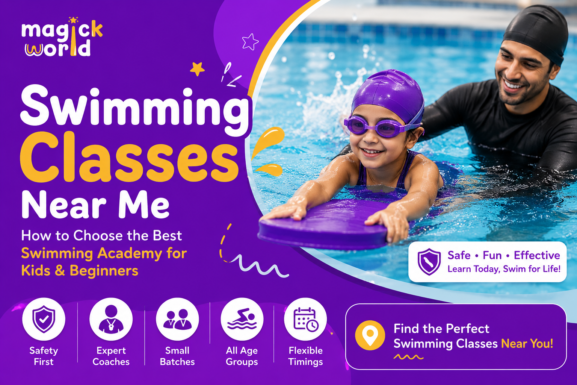 Young child learning to swim with a professional instructor during a swimming class