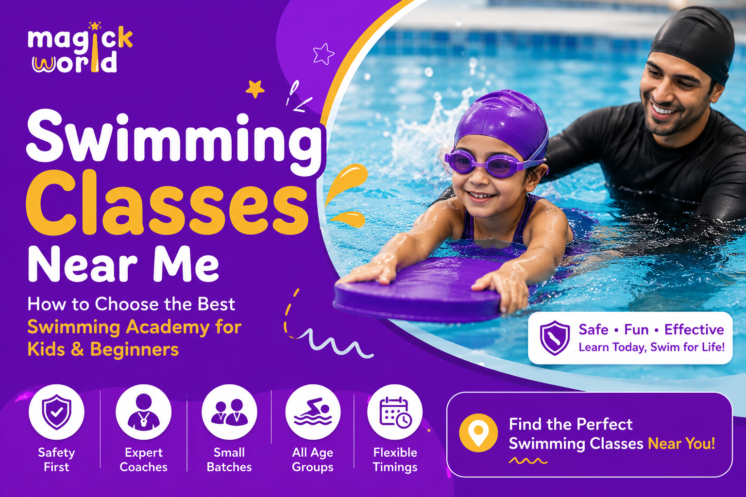 Young child learning to swim with a professional instructor during a swimming class