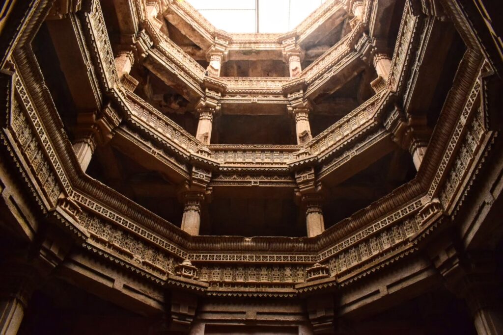 Intricately carved sandstone interior of Adalaj Stepwell near Ahmedabad