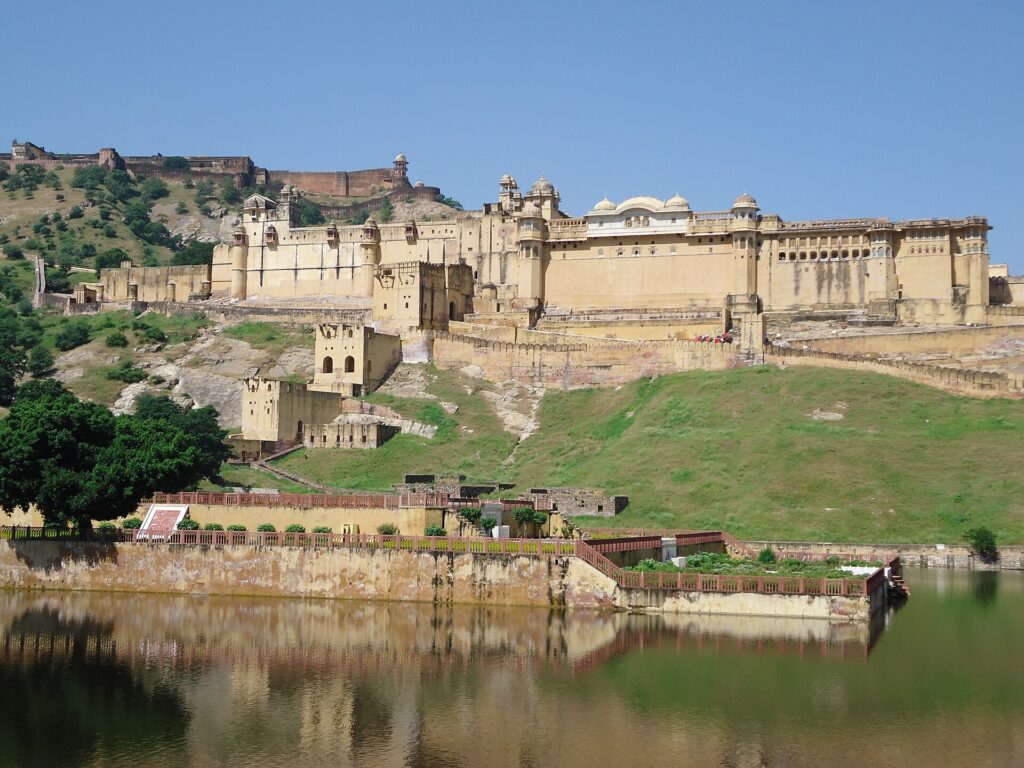 Amer Fort on a hill above Maota Lake near Jaipur.