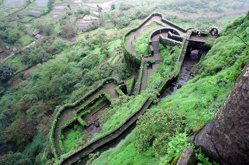 Green Sahyadri hills around Lohagad near Lonavala.
