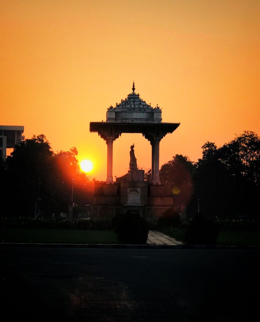 Close view of the white-marble statue of Sawai Jai Singh II at Statue Circle Jaipur
