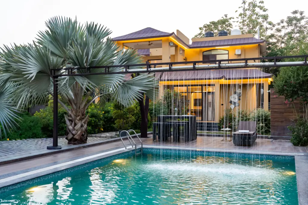 Pet-friendly 4-BHK Villa with Private pool with rain curtain, Game Zone, Indoor Bar and Garden