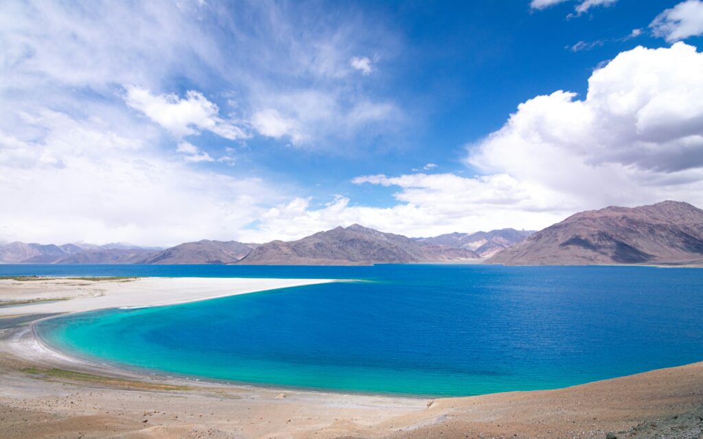 Pangong Lake in summer, surrounded by the mountains of Ladakh