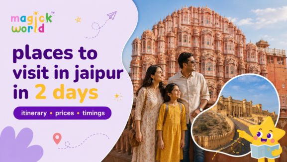 Family exploring Hawa Mahal and Amer Fort during a two-day Jaipur itinerary